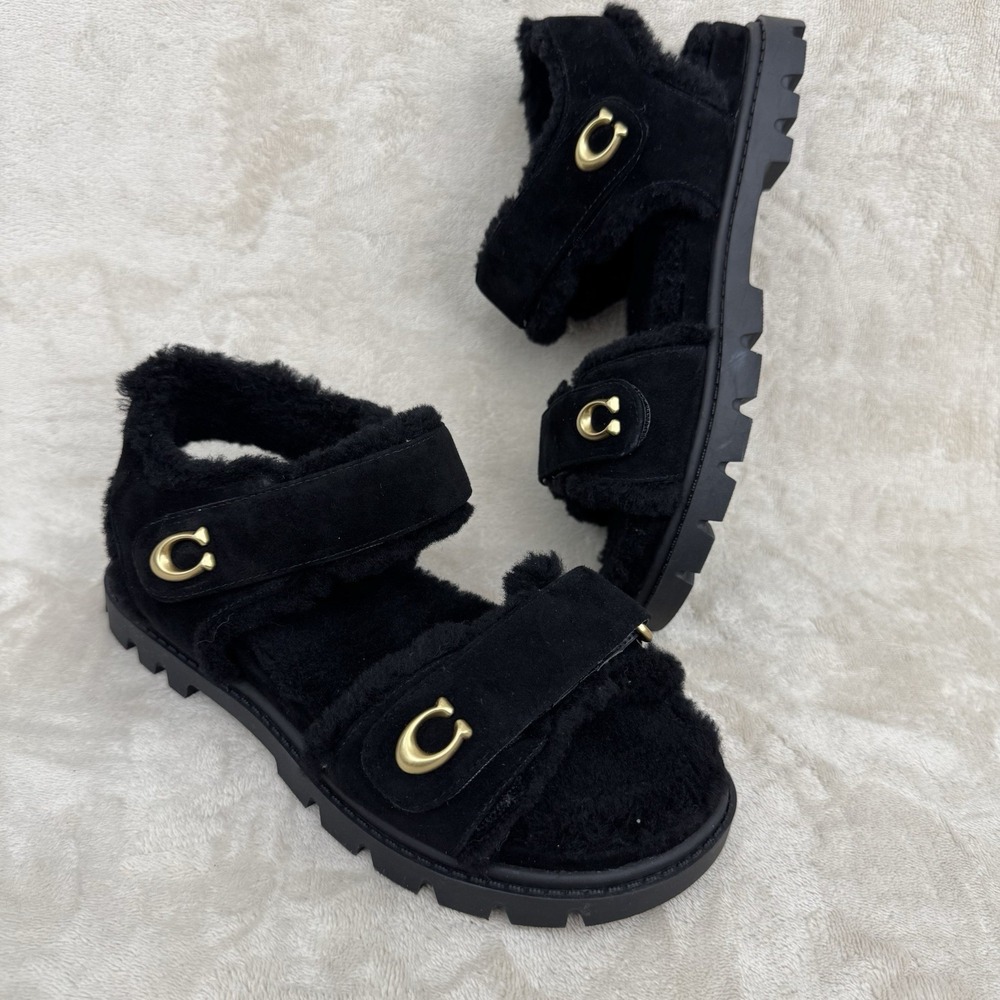 Coach Brynn Black Shearling And Suede Platform Sandals Women 8B Gold Logo NWOB
